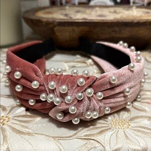 Private Label Pink Velvet Headband with Pearls
